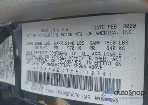 2000 Mitsubishi Galant Es z USA, uszkodzony, nr VIN 4A3AA46G7YE112741